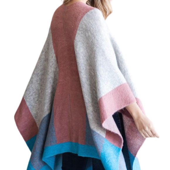 Women's Color Block Knit Poncho wrap - Picture 2 of 2